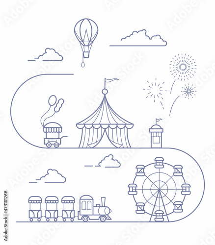 Panorama of an amusement park with a ferris wheel, circus, rides, balloon, bouncy castle. Landscape of urban park. Outline vector illustration