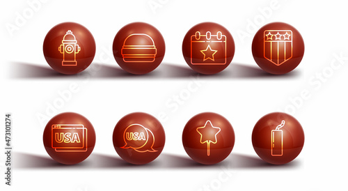 Set line Fire hydrant  USA on browser  Shield with stars  Balloon  label  Burger  Dynamite bomb and Calendar date July 4 icon. Vector