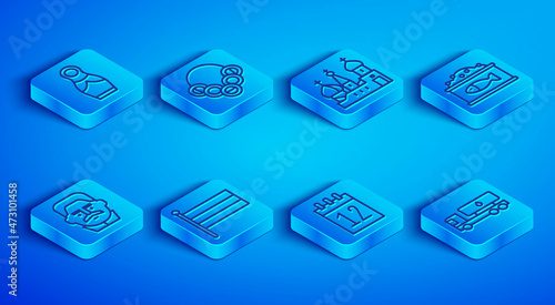 Set line Russian doll matryoshka, bagels, Saint Basil's Cathedral, National flag, Calendar 12 june, Tin can with caviar, Joseph Stalin and Tanker truck icon. Vector