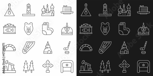 Set line Ushanka, Ice hockey stick and puck, King crown, Saint Basil's Cathedral, Bear head, Tin can with caviar, Balalaika and Valenki icon. Vector