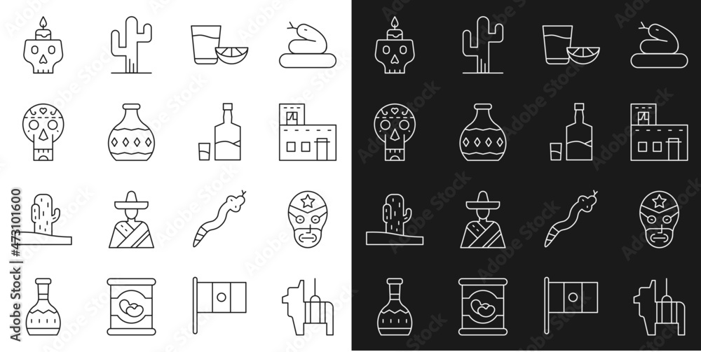 Set line Pinata, Mexican wrestler, house, Tequila glass with lemon, bottle, skull, Burning candle and icon. Vector