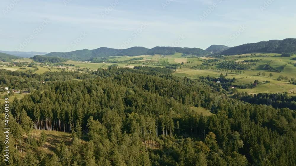 Beautiful landscape with mountains covered with forest and agricultural fields, aerial view. Beautiful landscape with mountains covered with forest and agricultural fields, aerial view.