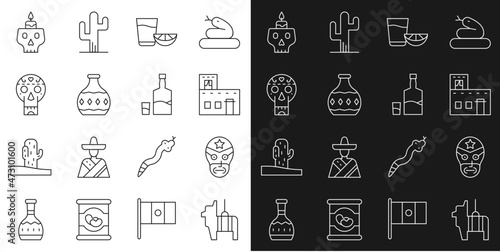 Set line Pinata, Mexican wrestler, house, Tequila glass with lemon, bottle, skull, Burning candle and icon. Vector