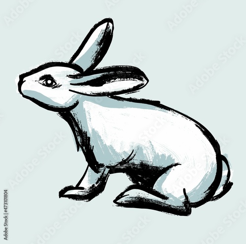 Illustration. A white rabbit on an isolated background. Drawing in the style of a careless retro sketch by hand. Vector.