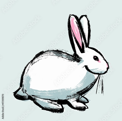 Illustration. A white rabbit on an isolated background. Drawing in the style of a careless retro sketch by hand. Vector.
