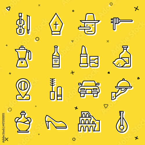 Set line Mandolin, Covered with tray of food, Limoncello bottle, Pinocchio, Bottle wine, Coffee moca pot, Violin and Lipstick icon. Vector