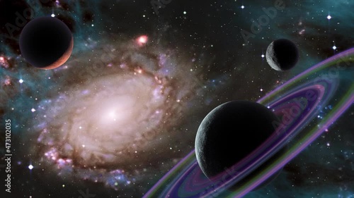 Space background slowly moving through universe among planets galaxies stars and nebulae