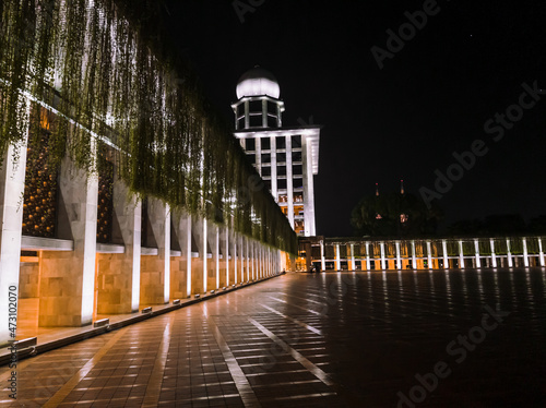 Central Jakarta, Indonesia - May 12th, 2021 : Istiqlal Mosque, the largest mosque in Southeast Asia, at night.