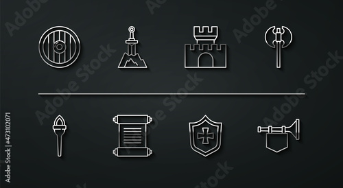 Set line Round wooden shield, Torch flame, Medieval axe, Shield, Decree, parchment, scroll, Sword in the stone, Trumpet with flag and Castle, fortress icon. Vector