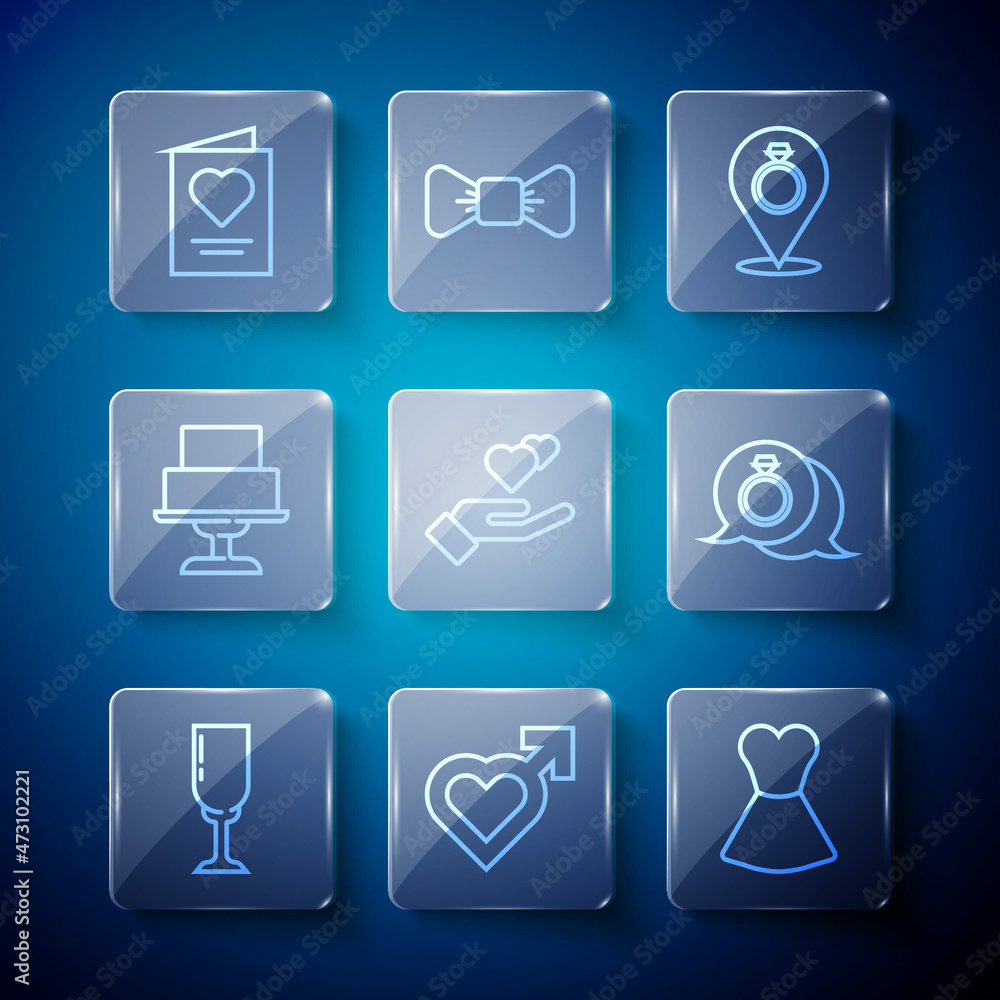 Set line Glass of champagne, Heart with male gender, Woman dress, Wedding rings, hand, cake, Greeting card and Diamond engagement icon. Vector Set line Glass of champagne, Heart with male gender, Woman dress, Wedding rings, hand, cake, Greeting card and Diamond engagement icon. Vector
