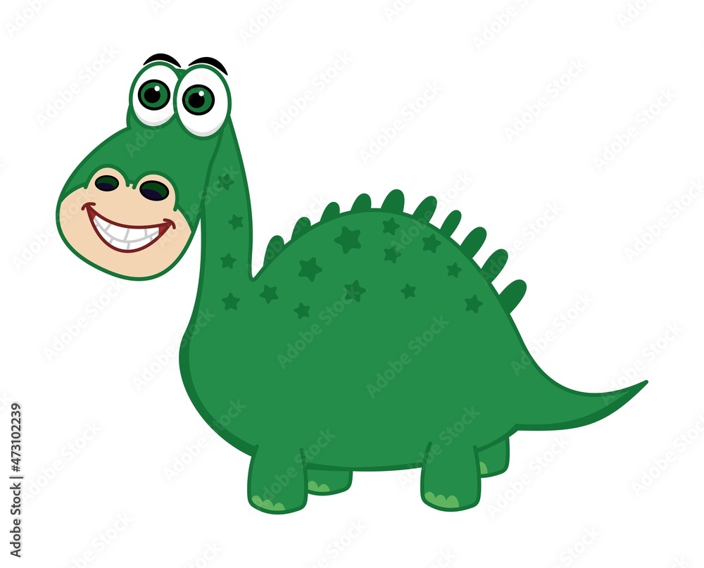 Fototapeta premium Green herbivorous dinosaur with big happy smile and star spots 