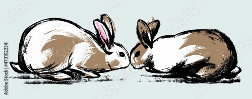 Illustration. Two rabbits sniff each other on an isolated background. Drawing in the style of a careless retro sketch by hand. Vector.