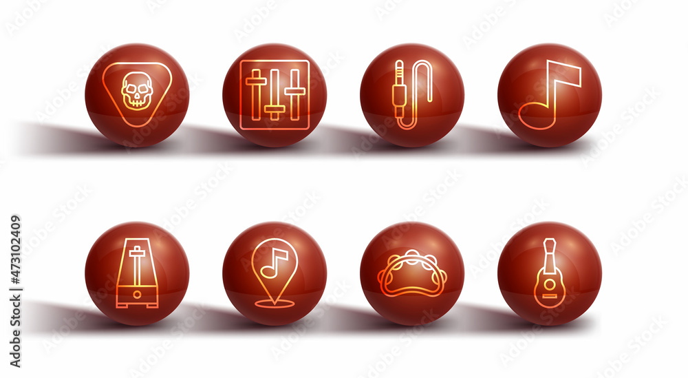 Set line Guitar pick, Metronome with pendulum, Music note, tone, Tambourine, Location musical, Sound mixer controller, and Audio jack icon. Vector Set line Guitar pick, Metronome with pendulum, Music note, tone, Tambourine, Location musical, Sound mixer controller, and Audio jack icon. Vector