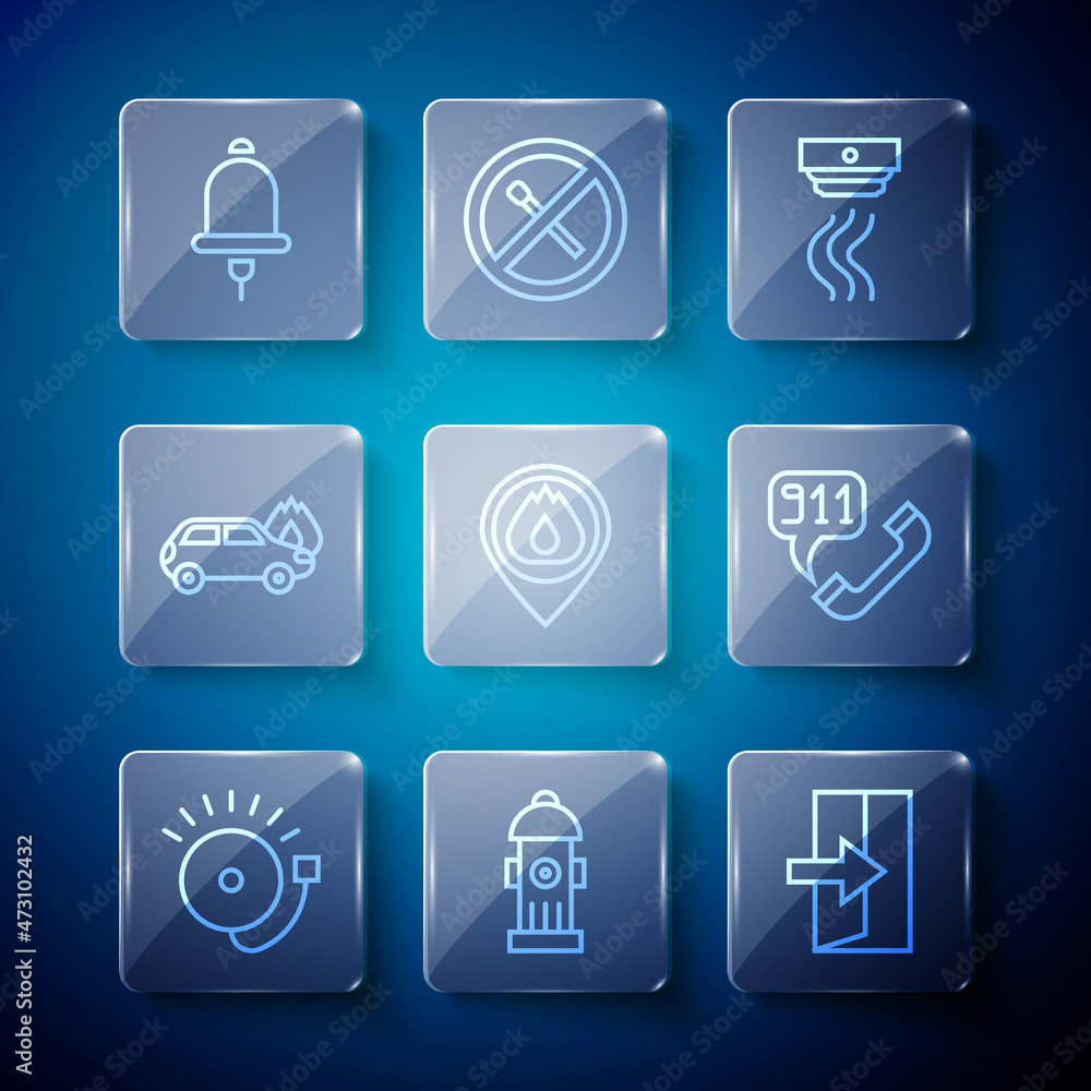 Set line Ringing alarm bell, Fire hydrant, exit, Smoke system, Location with fire flame, Burning car, and Telephone call 911 icon. Vector Set line Ringing alarm bell, Fire hydrant, exit, Smoke system, Location with fire flame, Burning car, and Telephone call 911 icon. Vector