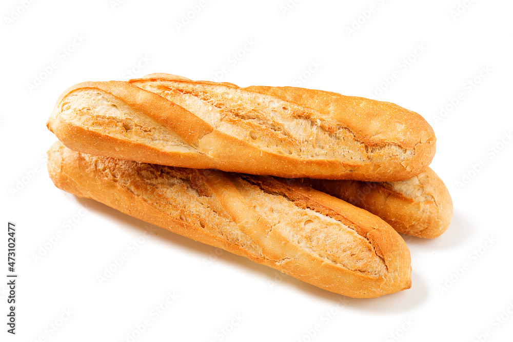 Three freshly baked baguette isolated on white background