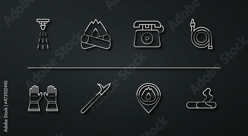 Set line Fire sprinkler, Firefighter gloves, hose reel, Location with fire flame, Metal pike pole, Campfire, Cigarette and Telephone call 911 icon. Vector
