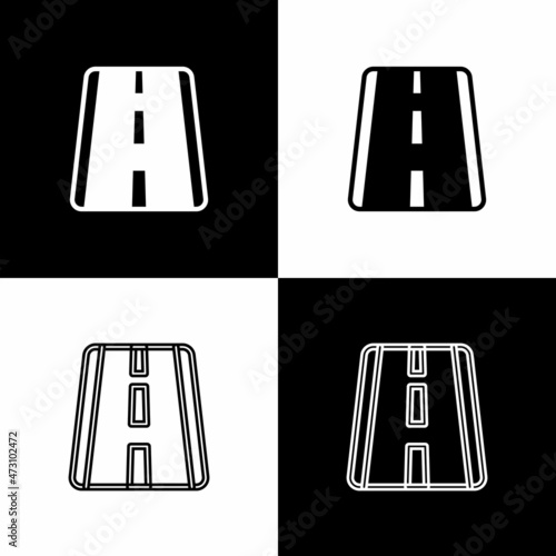 Set Airport runway for taking off and landing aircrafts icon isolated on black and white background. Vector