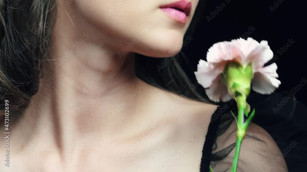 Closeup slow motion video of female with pink carnation flower near face. Closeup slow motion video of female with pink carnation flower near face.