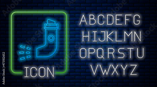 Glowing neon Inhaler icon isolated on brick wall background. Breather for cough relief, inhalation, allergic patient. Neon light alphabet. Vector