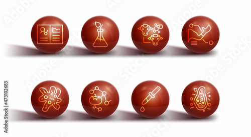 Set line Clinical record, Cell, Prosthesis hand, Pipette, Genetically modified food, Plant breeding, Bacteria and Cloning icon. Vector
