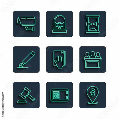 Set line Judge gavel, Safe, Location law, Old hourglass, Oath the Holy Bible, Fountain pen nib, Security camera and Jurors icon. Vector