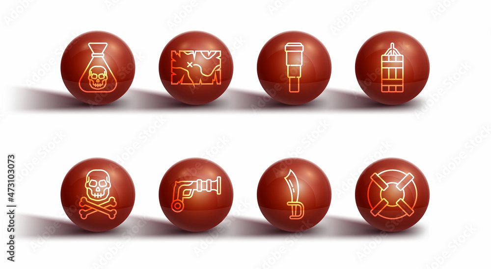 Set line Pirate coin, Skull on crossbones, Dynamite bomb, sword, Vintage pistols, treasure map, Lifebuoy and Spyglass telescope lens icon. Vector Set line Pirate coin, Skull on crossbones, Dynamite bomb, sword, Vintage pistols, treasure map, Lifebuoy and Spyglass telescope lens icon. Vector