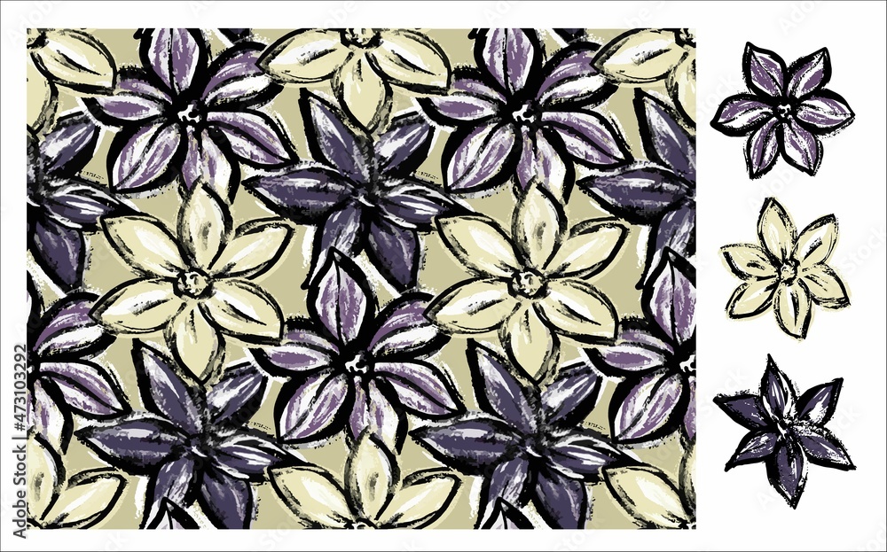 Collection set. Seamless pattern of flowers in gray and the flowers themselves on an isolated background. vector. Collection set. Seamless pattern of flowers in gray and the flowers themselves on an isolated background. vector.