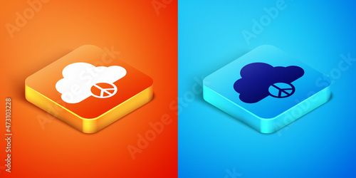 Isometric Peace cloud icon isolated on orange and blue background. Hippie symbol of peace. Vector