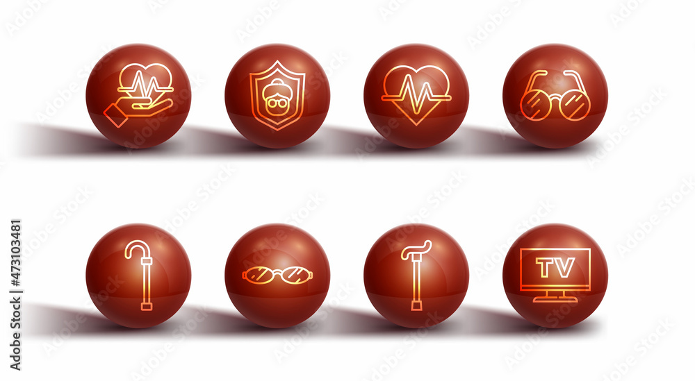 Set line Heart rate, Walking stick cane, Eyeglasses, Grandmother, Smart Tv and icon. Vector Set line Heart rate, Walking stick cane, Eyeglasses, Grandmother, Smart Tv and icon. Vector