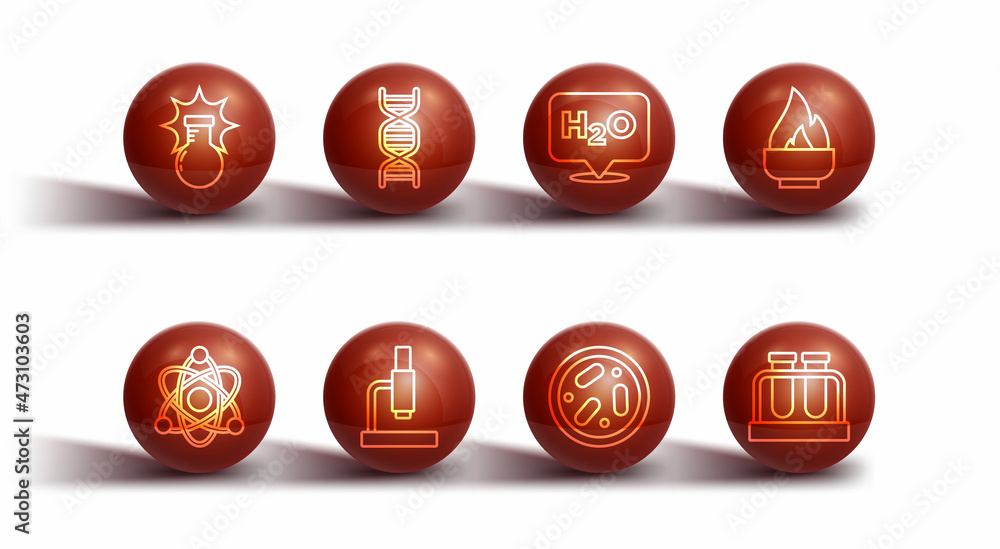 Set line Chemical explosion, Atom, Alcohol or spirit burner, Petri dish with bacteria, Microscope, DNA symbol, Test tube and flask and formula for H2O icon. Vector Set line Chemical explosion, Atom, Alcohol or spirit burner, Petri dish with bacteria, Microscope, DNA symbol, Test tube and flask and formula for H2O icon. Vector