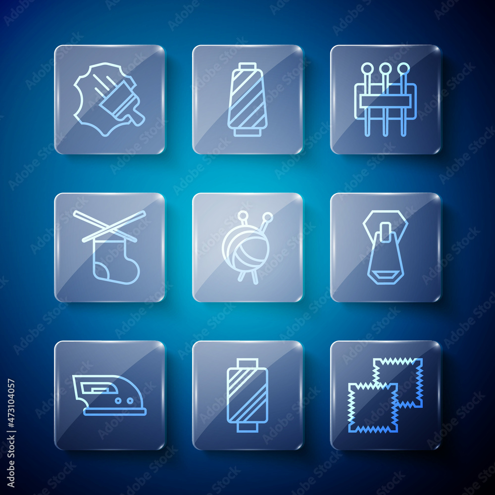 Set line Electric iron, Sewing thread spool, Textile fabric roll, Needle for sewing, Yarn ball with knitting needles, Knitting, Leather and Zipper icon. Vector