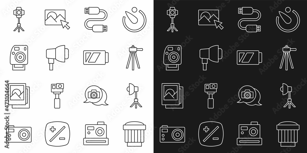 Set line Camera photo lens, Softbox light, Tripod, USB cable cord, Photo camera, and Battery for icon. Vector Set line Camera photo lens, Softbox light, Tripod, USB cable cord, Photo camera, and Battery for icon. Vector