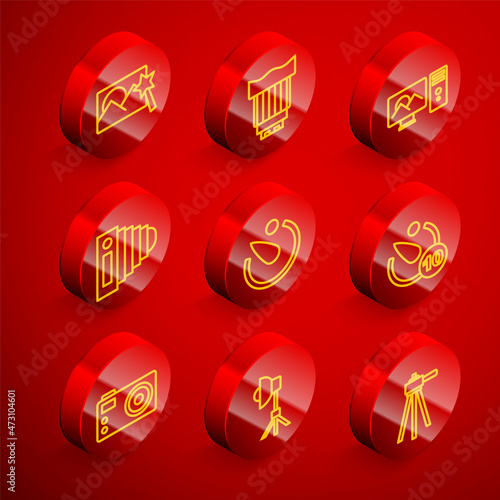 Set line Photo retouching, Camera photo lens, camera, timer, and Softbox light icon. Vector