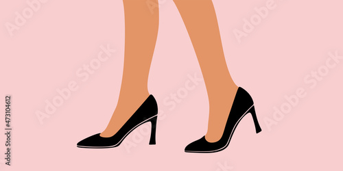Shoe, boots, footwear. Woman, female, girls shoes. Сlassic shoes. Business woman style. Feet, legs walking in elegant closed toe high heel shoes pump. Colorful Isolated flat vector illustration 