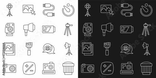 Set line Camera photo lens, Softbox light, Tripod, USB cable cord, Photo camera, and Battery for icon. Vector