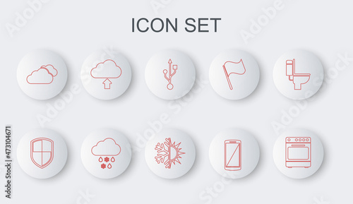 Set line Oven, Shield, USB, Smartphone, mobile phone, Cloud, upload, with snow and rain and Sun snowflake icon. Vector