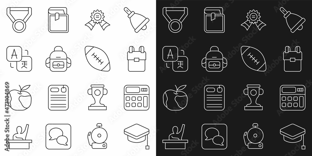 Set line Graduation cap, Calculator, School backpack, Medal, Translator, and American football ball icon. Vector Set line Graduation cap, Calculator, School backpack, Medal, Translator, and American football ball icon. Vector