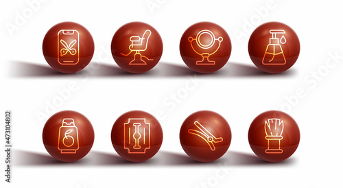 Set line Barber online service or platform, Bottle of shampoo, Cream cosmetic tube, Hair clip, Blade razor, Barbershop chair, Shaving brush and Round makeup mirror icon. Vector