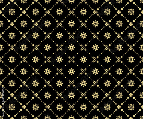 Abstract geometric pattern with lines, snowflakes. A seamless vector background. Gold and black texture. Graphic modern pattern