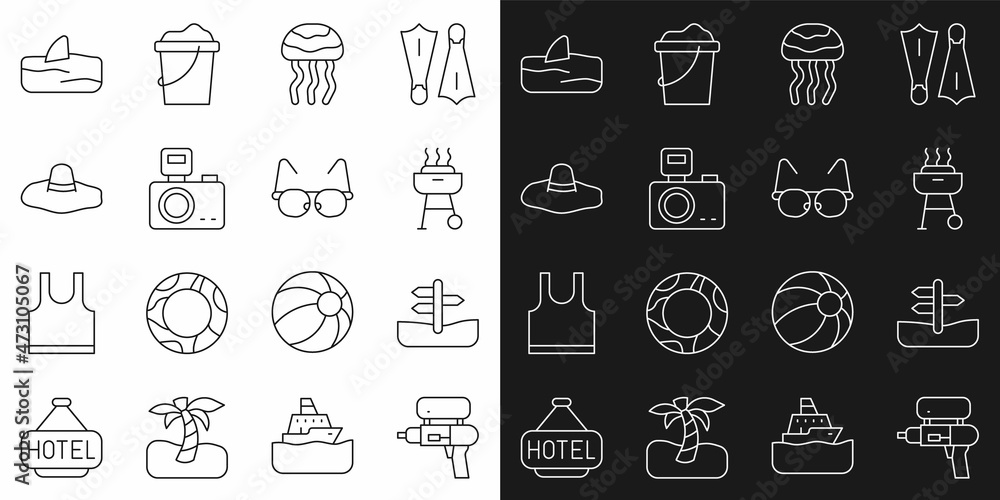 Set line Water gun, Road traffic sign, Barbecue grill, Jellyfish, Photo camera with flash, Elegant women hat, Shark fin in ocean wave and Glasses icon. Vector