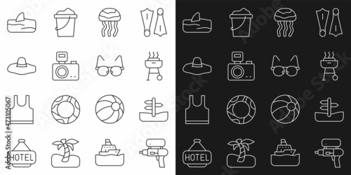 Set line Water gun, Road traffic sign, Barbecue grill, Jellyfish, Photo camera with flash, Elegant women hat, Shark fin in ocean wave and Glasses icon. Vector