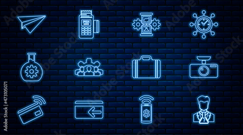 Set line Scientist and test tube, Car DVR, Hourglass gear, Project team base, Bioengineering, Paper plane, Suitcase for travel and POS terminal icon. Vector