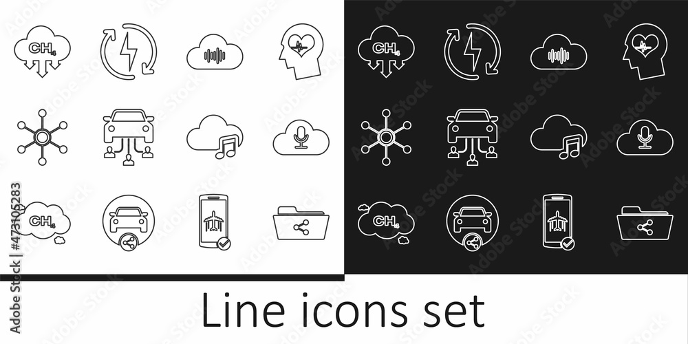Set line Share folder, Music streaming service, Car sharing, Network, Methane emissions reduction, and Recharging icon. Vector
