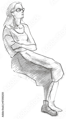 Resting relaxed woman closed pose. romantic girl in glass sitting with folded hands. sketch style illustration fashion clip art. pencil drawing portrait. tense state of mind. skirted boots and sweater