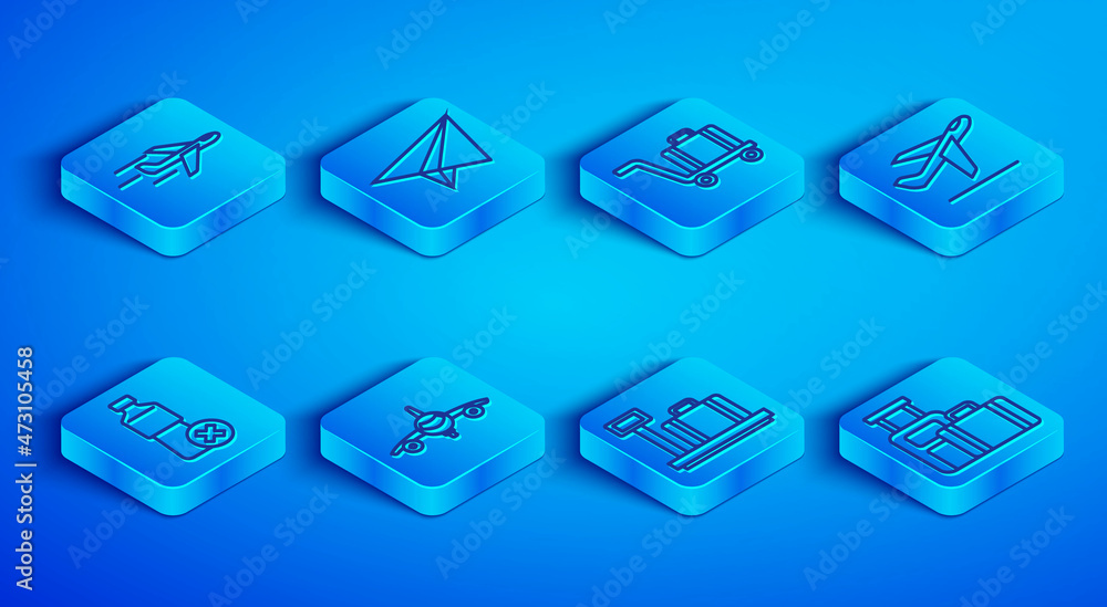 Set line Plane, Paper airplane, Trolley baggage, Scale with suitcase, takeoff, No water bottle and Suitcase icon. Vector Set line Plane, Paper airplane, Trolley baggage, Scale with suitcase, takeoff, No water bottle and Suitcase icon. Vector