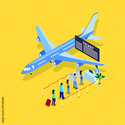 Passengers buying airplane ticket isometric 3d vector concept for banner, website, illustration, landing page, flyer, etc.