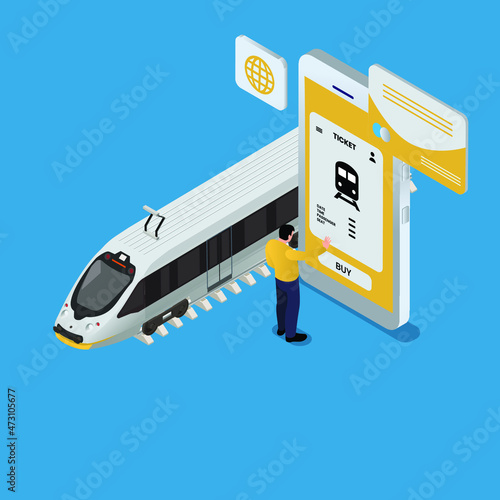 Buying train ticket online on mobile phone isometric 3d vector concept for banner, website, illustration, landing page, flyer, etc.