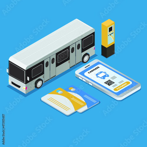 Buying bus ticket online on mobile phone isometric 3d vector concept for banner, website, illustration, landing page, flyer, etc.