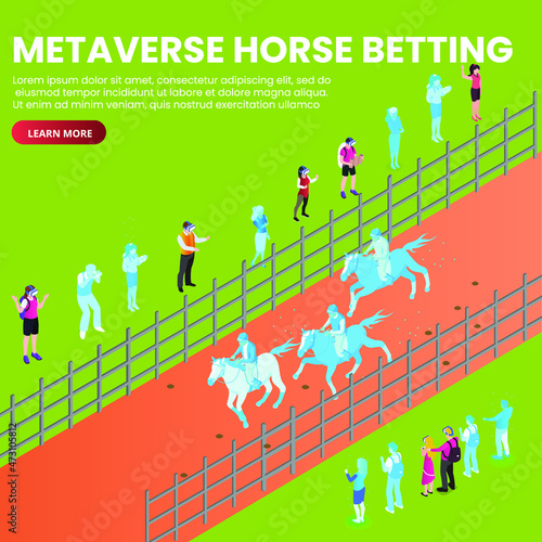 Metaverse concept: Horserace betting in virtual world isometric 3d vector concept for banner, website, illustration, landing page, flyer, etc.
