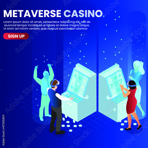 Slot gambling machine in metaverse casino isometric 3d vector concept for banner, website, illustration, landing page, flyer, etc.